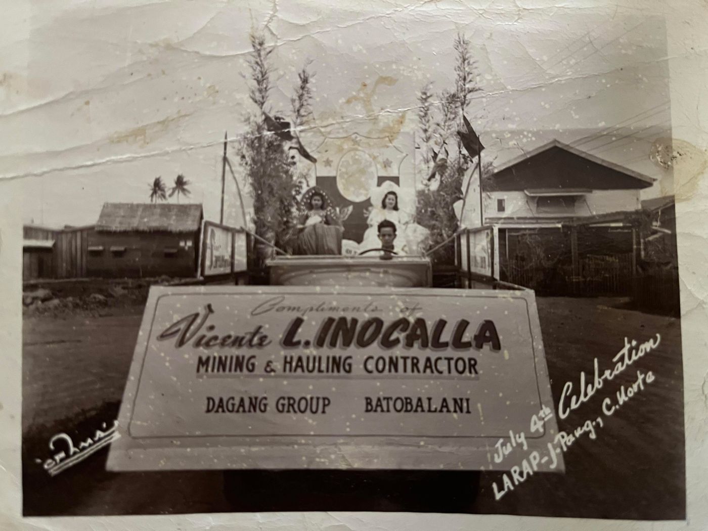 Parade float of Vicente L. Inocalla, Mining and Hauling Contractor, at a July 4th celebration in Larap, Jose Panganiban